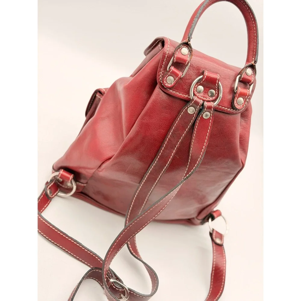 Vintage Red Leather Rucksack Backpack Contrast Stitch Buckle Drawstring Medium